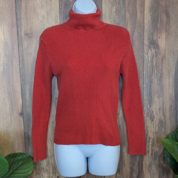 Reference Point Ribbed Orange/Coral Turtleneck Fitted Sweater M            M671 - Picture 2 of 9